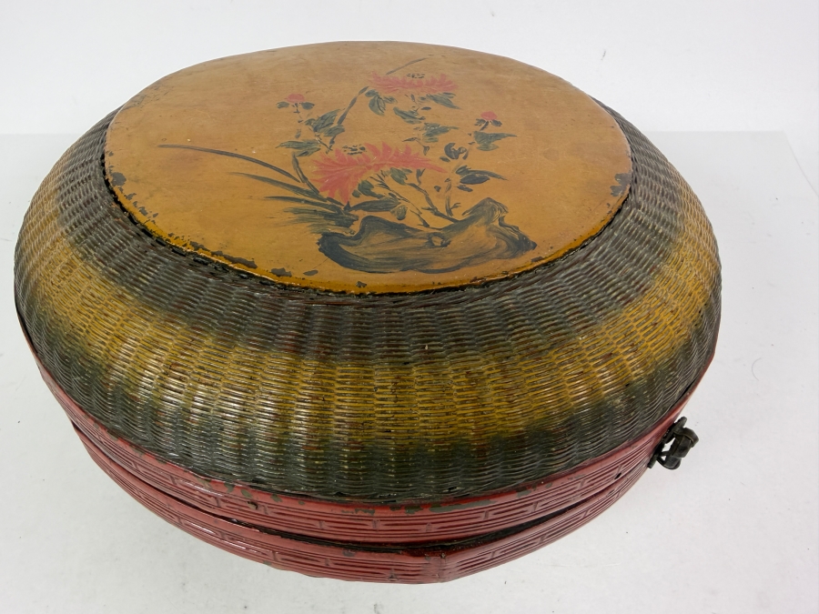 Antique Chinese Hand-painted Round Woven Basket with Designs Woven Inside - See Photos 11W X 6H [Photo 3]