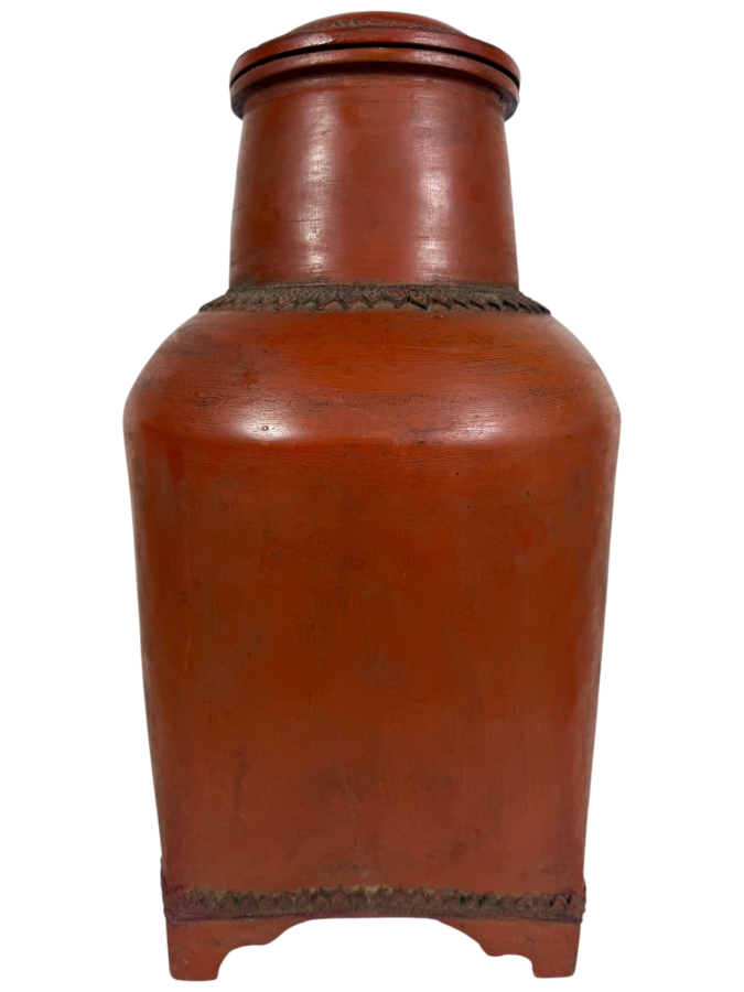 Antique Burmese Red Lacquer Footed Lidded Vessel 19'H