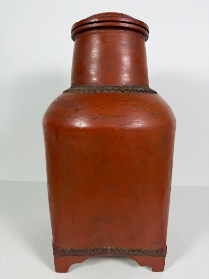 Antique Burmese Red Lacquer Footed Lidded Vessel 19'H [Photo 2]