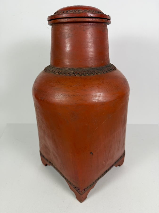 Antique Burmese Red Lacquer Footed Lidded Vessel 19'H [Photo 8]