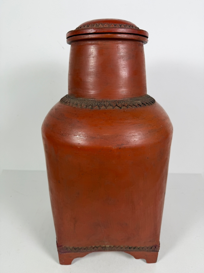 Antique Burmese Red Lacquer Footed Lidded Vessel 19'H [Photo 3]