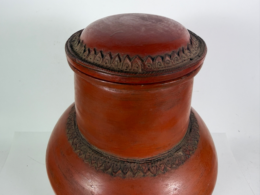 Antique Burmese Red Lacquer Footed Lidded Vessel 19'H [Photo 5]