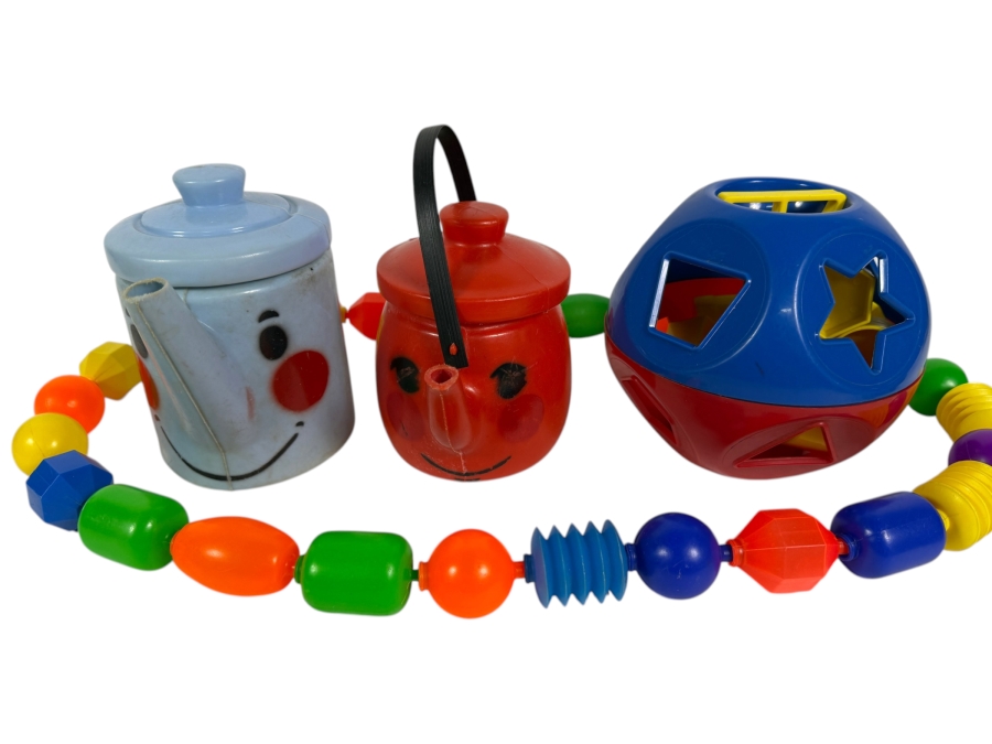  Vintage Toys Including a Tupperware Shape-O Toy and Pair of Toy Coffee and Tea Pots from Tanda Toys Plus Fisher-Price Snap-Lock Beads