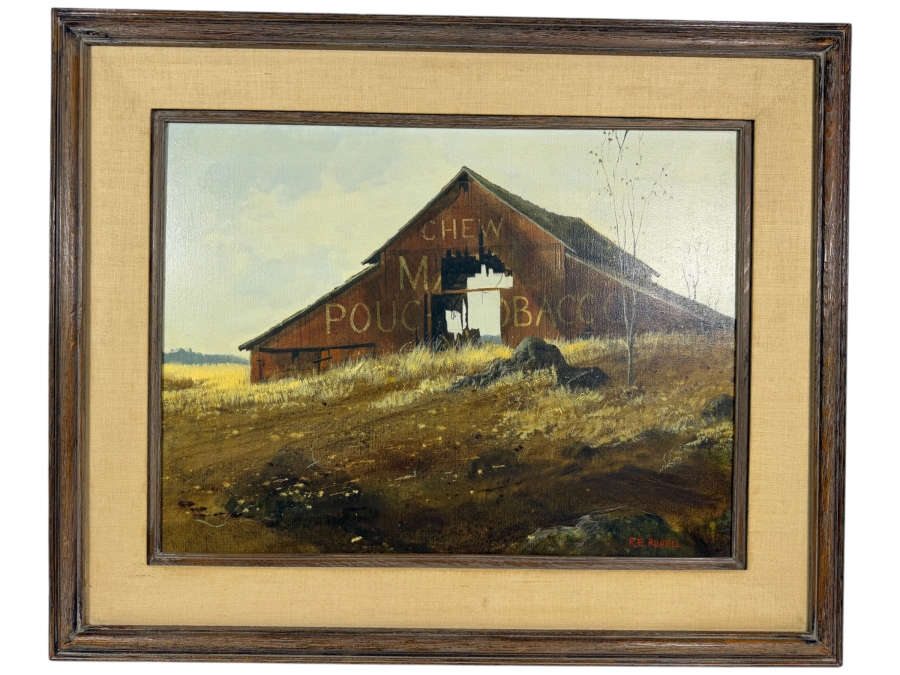 Robert E. Russell (1933–2010, American) Original Oil Painting On Canvas Featuring a Rustic Red Barn with Advertisement for Mail Pouch Chewing Tobacco Signed Lower Right R. E. Russell 24 X 18 Framed 32 X 26.5 [Photo 2]