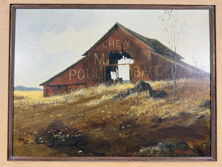 Robert E. Russell (1933–2010, American) Original Oil Painting On Canvas Featuring a Rustic Red Barn with Advertisement for Mail Pouch Chewing Tobacco Signed Lower Right R. E. Russell 24 X 18 Framed 32 X 26.5