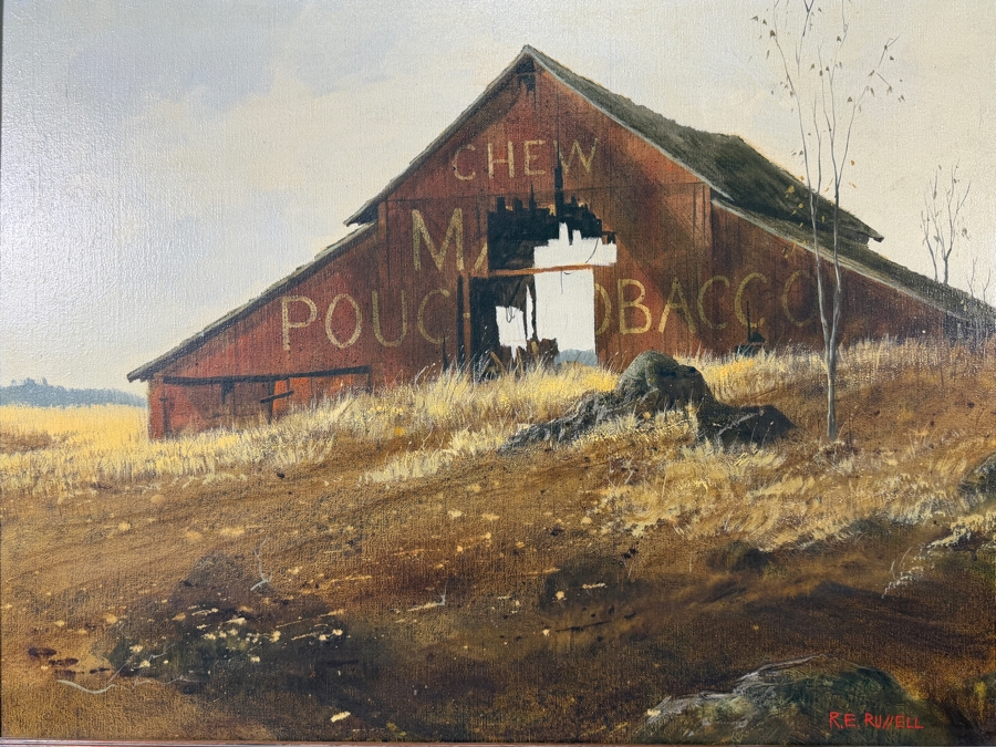 Robert E. Russell (1933–2010, American) Original Oil Painting On Canvas Featuring a Rustic Red Barn with Advertisement for Mail Pouch Chewing Tobacco Signed Lower Right R. E. Russell 24 X 18 Framed 32 X 26.5 [Photo 6]