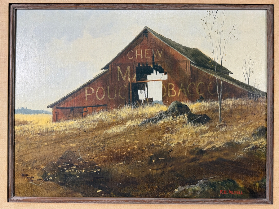 Robert E. Russell (1933–2010, American) Original Oil Painting On Canvas Featuring a Rustic Red Barn with Advertisement for Mail Pouch Chewing Tobacco Signed Lower Right R. E. Russell 24 X 18 Framed 32 X 26.5 [Photo 5]