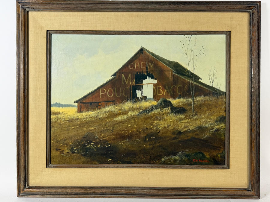 Robert E. Russell (1933–2010, American) Original Oil Painting On Canvas Featuring a Rustic Red Barn with Advertisement for Mail Pouch Chewing Tobacco Signed Lower Right R. E. Russell 24 X 18 Framed 32 X 26.5 [Photo 9]