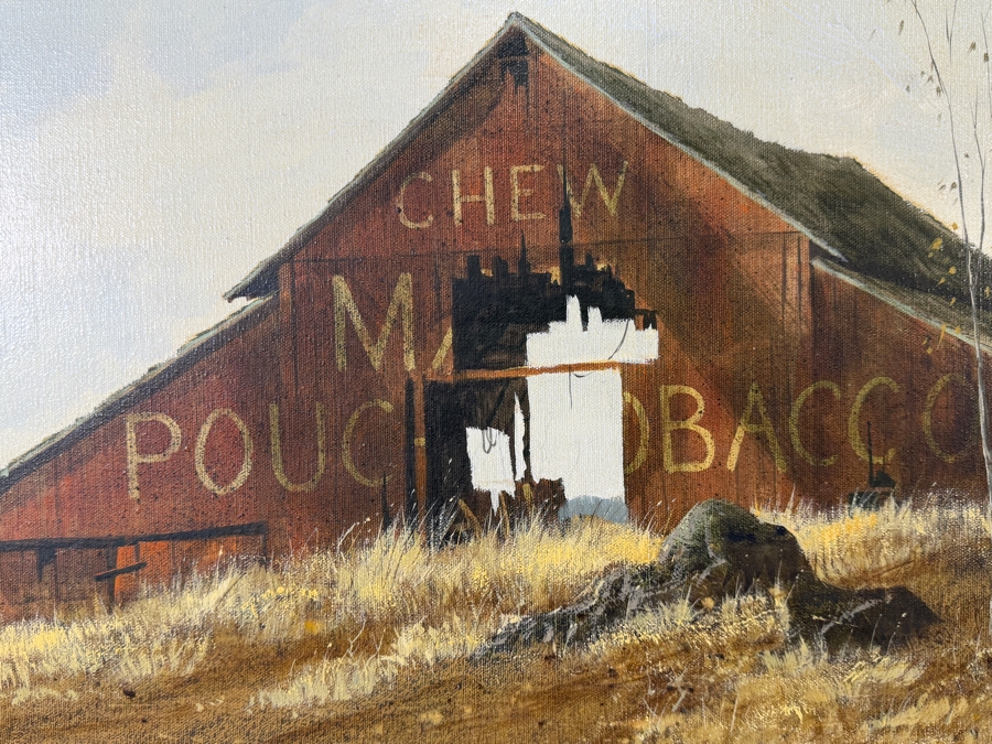 Robert E. Russell (1933–2010, American) Original Oil Painting On Canvas Featuring a Rustic Red Barn with Advertisement for Mail Pouch Chewing Tobacco Signed Lower Right R. E. Russell 24 X 18 Framed 32 X 26.5 [Photo 12]