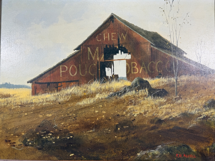 Robert E. Russell (1933–2010, American) Original Oil Painting On Canvas Featuring a Rustic Red Barn with Advertisement for Mail Pouch Chewing Tobacco Signed Lower Right R. E. Russell 24 X 18 Framed 32 X 26.5 [Photo 4]