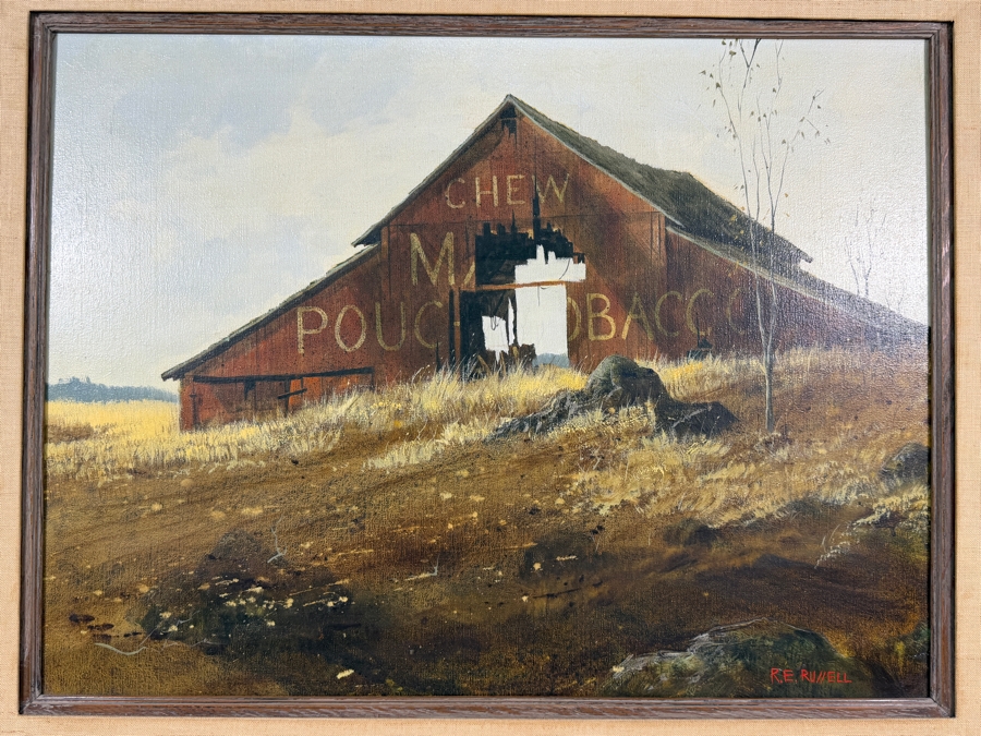 Robert E. Russell (1933–2010, American) Original Oil Painting On Canvas Featuring a Rustic Red Barn with Advertisement for Mail Pouch Chewing Tobacco Signed Lower Right R. E. Russell 24 X 18 Framed 32 X 26.5 [Photo 3]