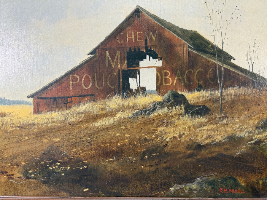 Robert E. Russell (1933–2010, American) Original Oil Painting On Canvas Featuring a Rustic Red Barn with Advertisement for Mail Pouch Chewing Tobacco Signed Lower Right R. E. Russell 24 X 18 Framed 32 X 26.5 [Photo 7]