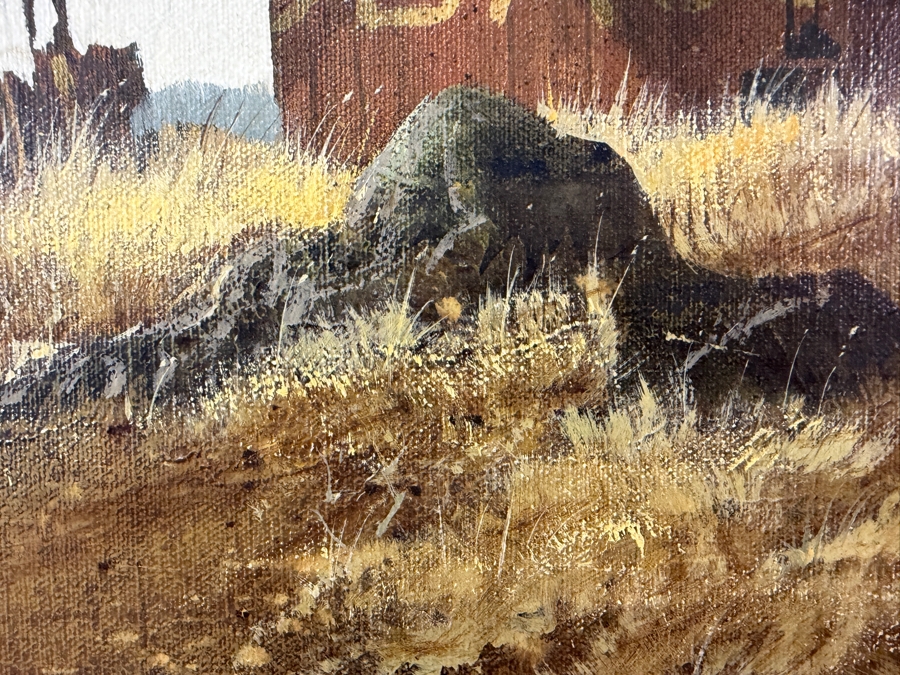 Robert E. Russell (1933–2010, American) Original Oil Painting On Canvas Featuring a Rustic Red Barn with Advertisement for Mail Pouch Chewing Tobacco Signed Lower Right R. E. Russell 24 X 18 Framed 32 X 26.5 [Photo 14]