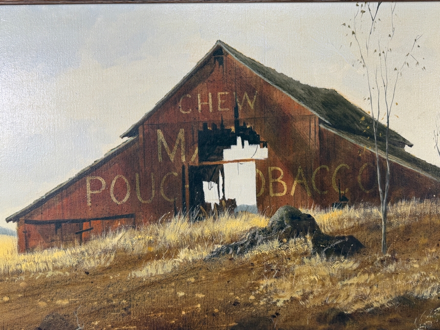 Robert E. Russell (1933–2010, American) Original Oil Painting On Canvas Featuring a Rustic Red Barn with Advertisement for Mail Pouch Chewing Tobacco Signed Lower Right R. E. Russell 24 X 18 Framed 32 X 26.5 [Photo 13]