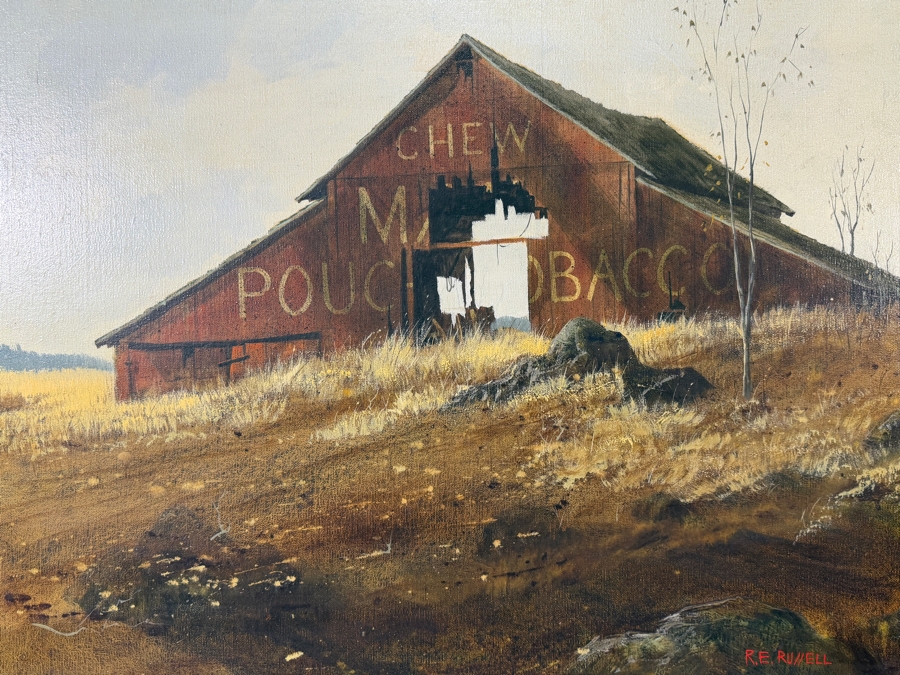 Robert E. Russell (1933–2010, American) Original Oil Painting On Canvas Featuring a Rustic Red Barn with Advertisement for Mail Pouch Chewing Tobacco Signed Lower Right R. E. Russell 24 X 18 Framed 32 X 26.5 [Photo 8]