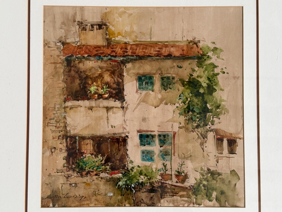 Ang Ah Tee (b. 1943, Singapore) Original Watercolor Painting On Paper Titled 'Balcony in Eu Tong Sen St Chinatown Singapore' Presented to Mr. Hsuan Owyang Dated 1991 16.5 X 16.5 Framed 28 X 28