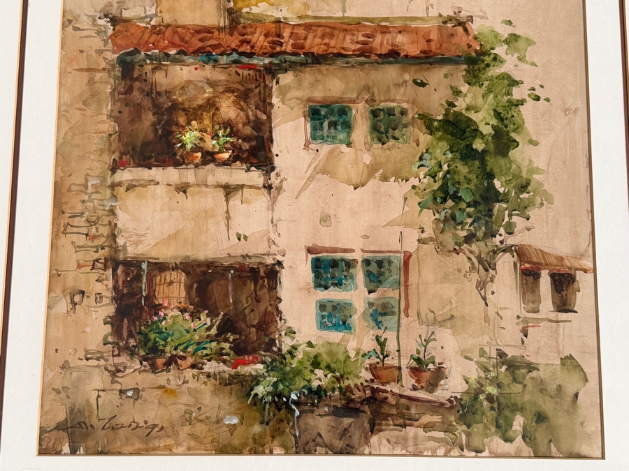 Ang Ah Tee (b. 1943, Singapore) Original Watercolor Painting On Paper Titled 'Balcony in Eu Tong Sen St Chinatown Singapore' Presented to Mr. Hsuan Owyang Dated 1991 16.5 X 16.5 Framed 28 X 28 [Photo 6]