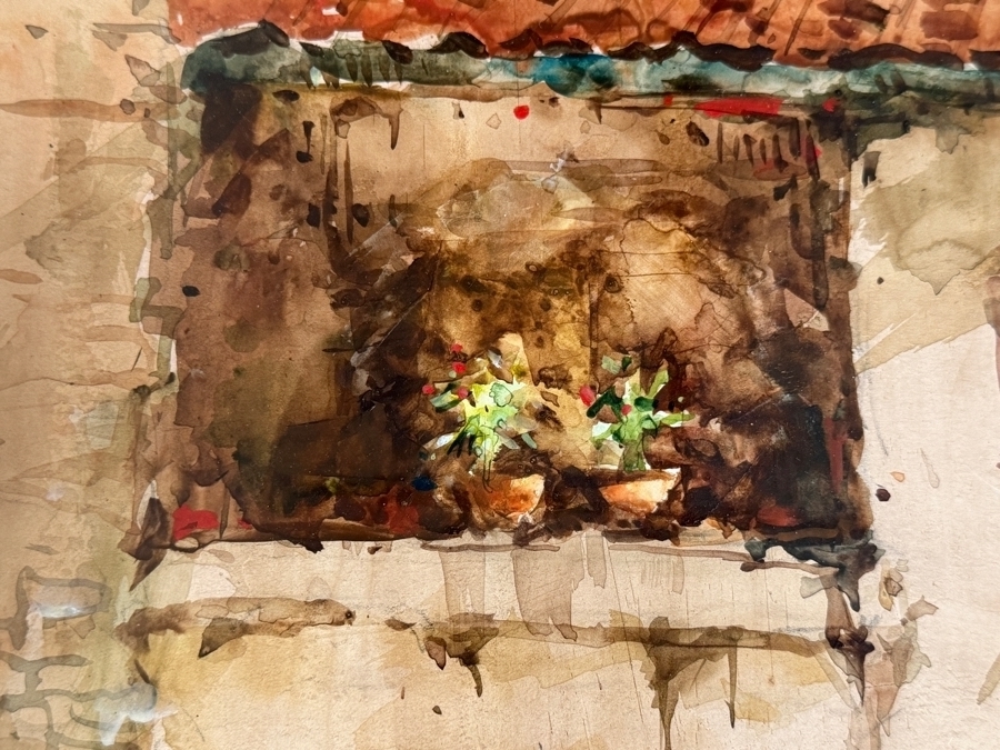 Ang Ah Tee (b. 1943, Singapore) Original Watercolor Painting On Paper Titled 'Balcony in Eu Tong Sen St Chinatown Singapore' Presented to Mr. Hsuan Owyang Dated 1991 16.5 X 16.5 Framed 28 X 28 [Photo 5]