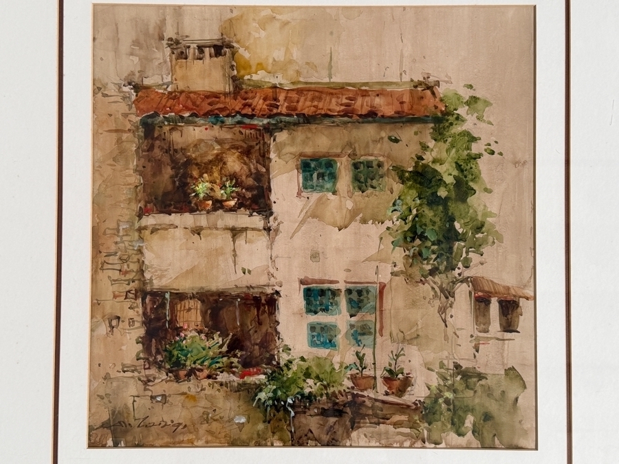 Ang Ah Tee (b. 1943, Singapore) Original Watercolor Painting On Paper Titled 'Balcony in Eu Tong Sen St Chinatown Singapore' Presented to Mr. Hsuan Owyang Dated 1991 16.5 X 16.5 Framed 28 X 28 [Photo 3]