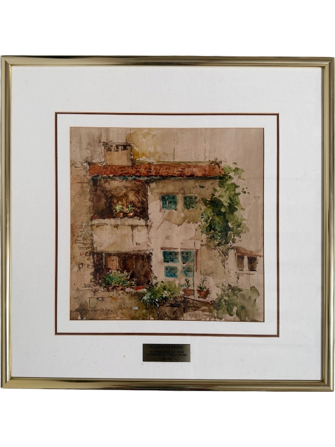 Ang Ah Tee (b. 1943, Singapore) Original Watercolor Painting On Paper Titled 'Balcony in Eu Tong Sen St Chinatown Singapore' Presented to Mr. Hsuan Owyang Dated 1991 16.5 X 16.5 Framed 28 X 28 [Photo 2]