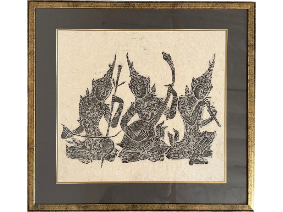 Framed Vintage Thai Temple Rubbing 28 X 26