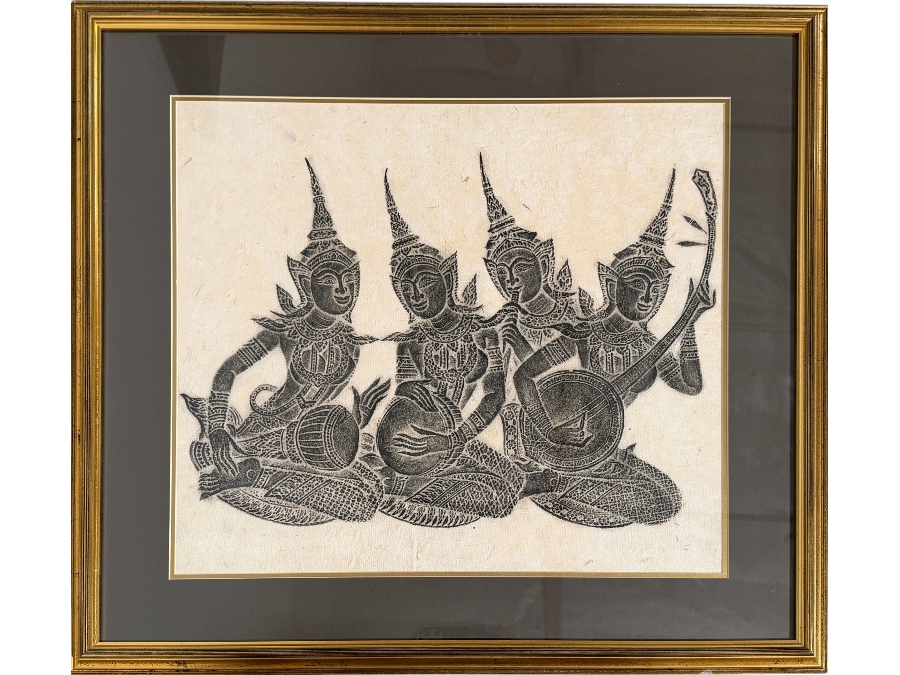 Framed Vintage Thai Temple Rubbing 29 X 27