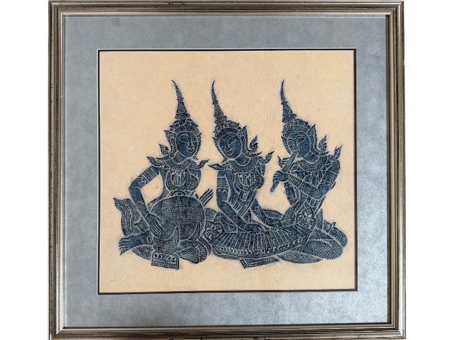 Framed Vintage Thai Temple Rubbing 28 X 27