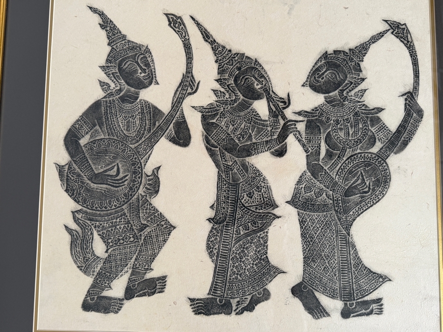 Framed Vintage Thai Temple Rubbing 29.5 X 27 [Photo 3]
