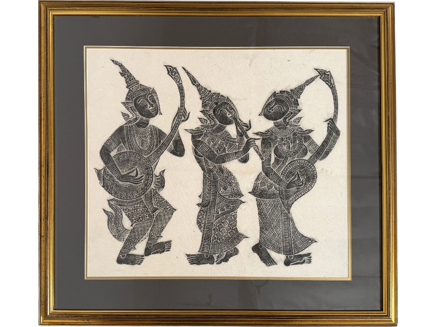 Framed Vintage Thai Temple Rubbing 29.5 X 27