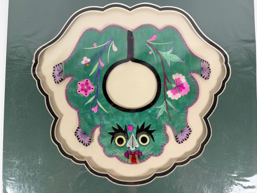 Antique Chinese Handmade Silk Embroidered Baby Collar (Child's Ceremonial Bib) Professionally Matted and Ready for Framing 14.5 X 14
