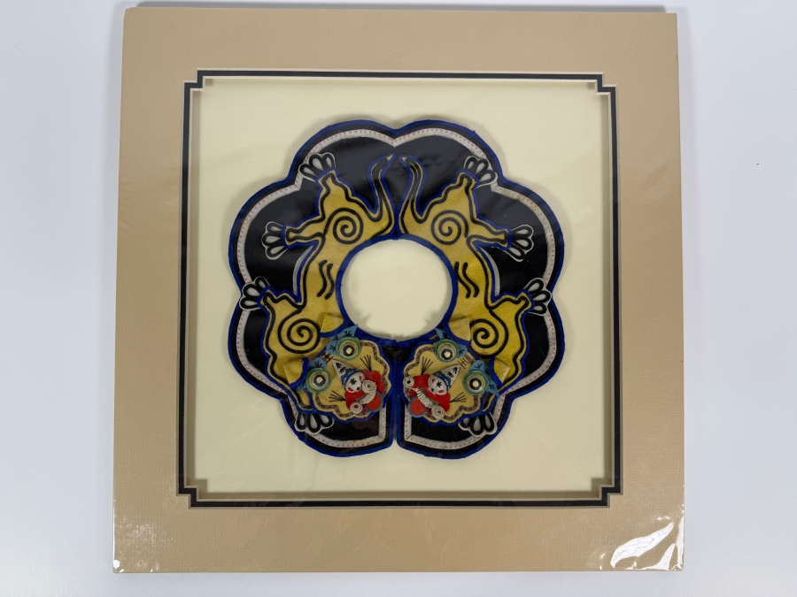 Antique Chinese Handmade Silk Embroidered Baby Collar (Child's Ceremonial Bib) Professionally Matted and Ready for Framing 16 X 16 [Photo 2]