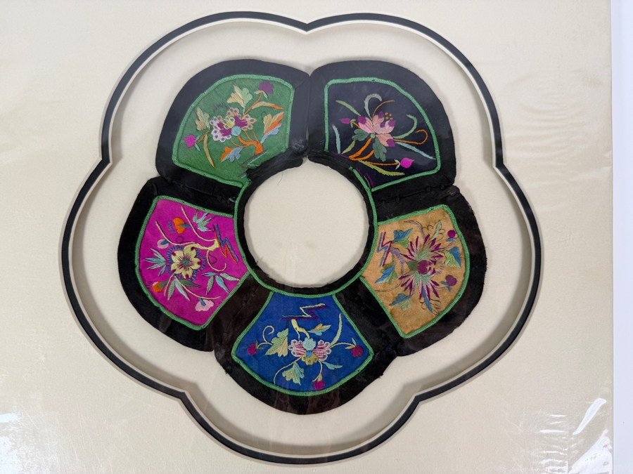 Antique Chinese Handmade Silk Embroidered Baby Collar (Child's Ceremonial Bib) Professionally Matted and Ready for Framing 14 X 13.5