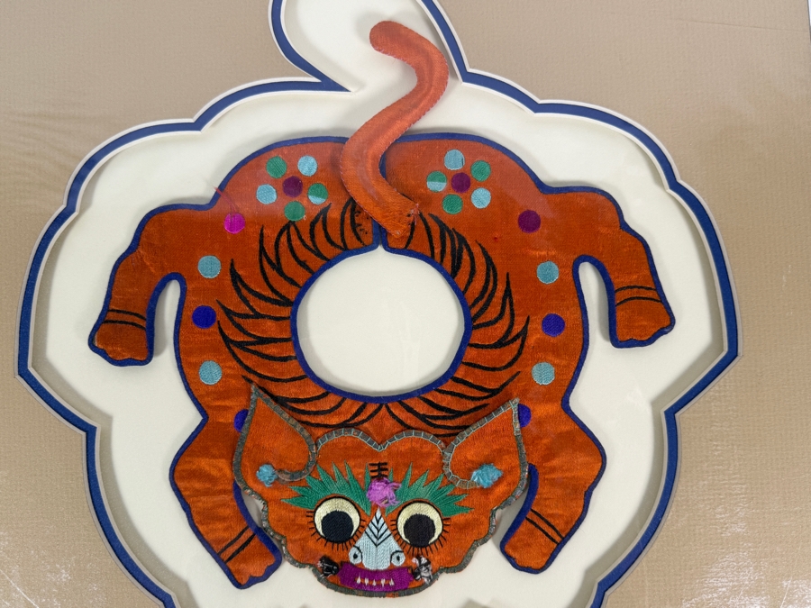 Antique Chinese Handmade Silk Embroidered Baby Collar (Child's Ceremonial Bib) Professionally Matted and Ready for Framing 15.5 X 15 [Photo 3]