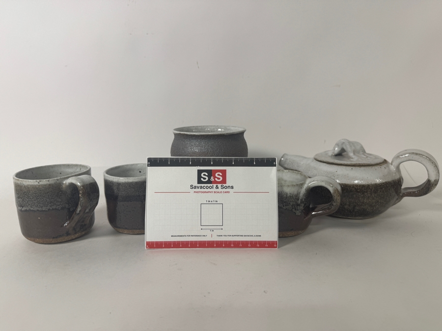 Just Added - Vintage M. De Santis Mid-Century Modern Five-Piece Hand-Thrown Stoneware Tea Set Glazed In Matte Gray Charcoal And Milky White Slip Drip Dated 1977 [Photo 4]
