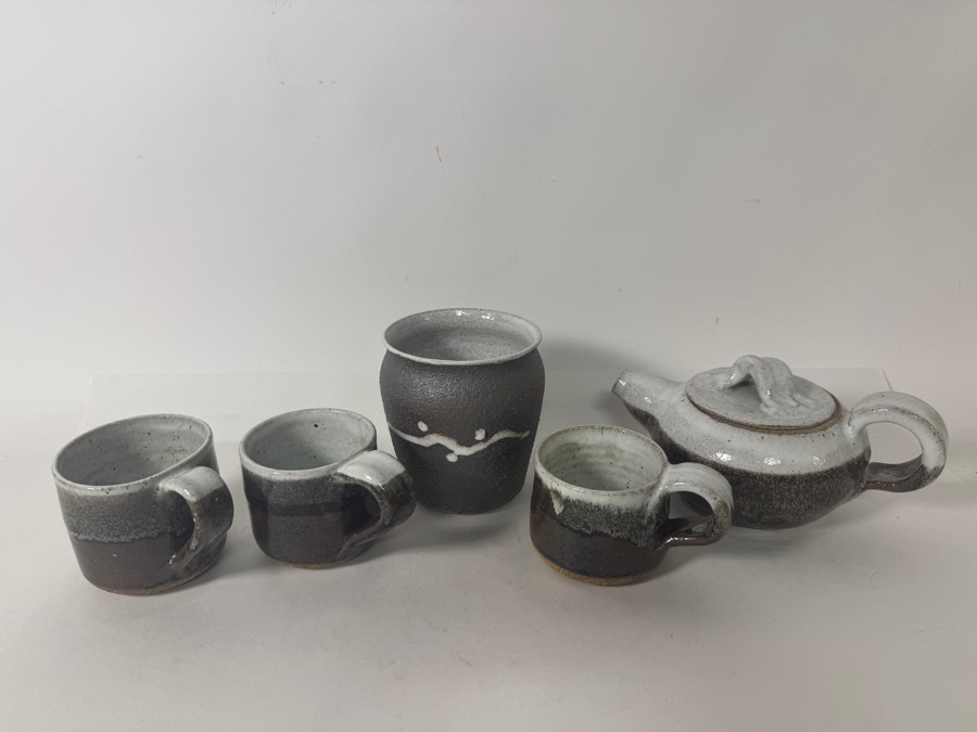 Just Added - Vintage M. De Santis Mid-Century Modern Five-Piece Hand-Thrown Stoneware Tea Set Glazed In Matte Gray Charcoal And Milky White Slip Drip Dated 1977 [Photo 2]