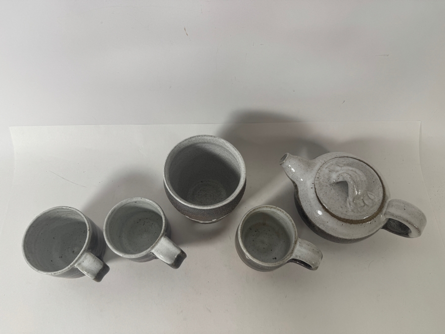 Just Added - Vintage M. De Santis Mid-Century Modern Five-Piece Hand-Thrown Stoneware Tea Set Glazed In Matte Gray Charcoal And Milky White Slip Drip Dated 1977 [Photo 5]