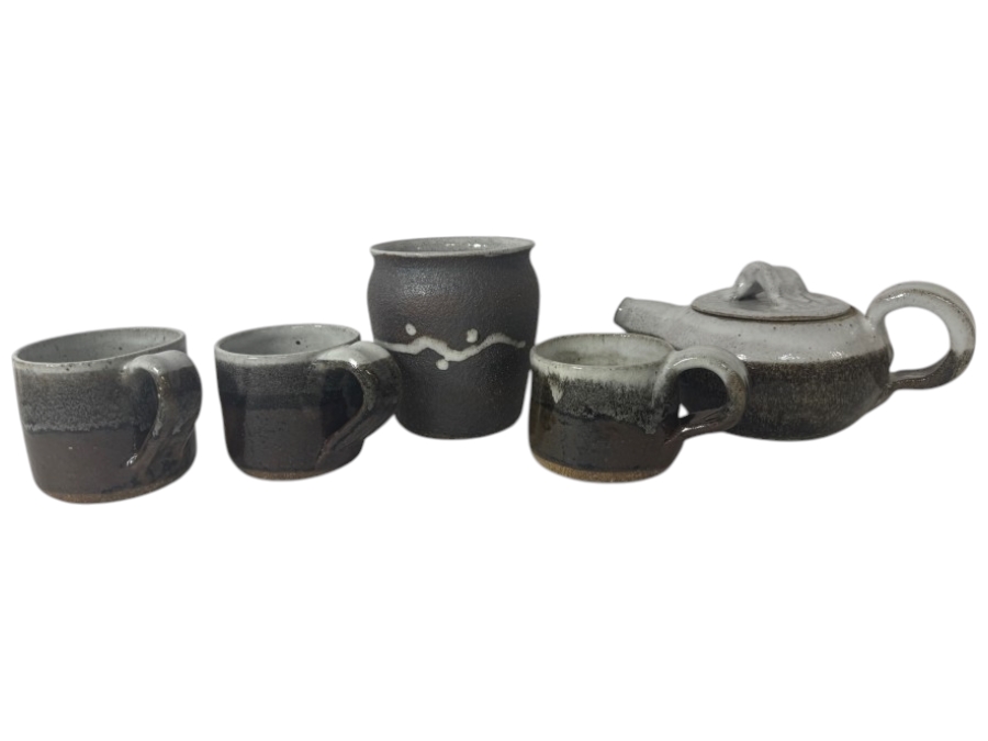 Just Added - Vintage M. De Santis Mid-Century Modern Five-Piece Hand-Thrown Stoneware Tea Set Glazed In Matte Gray Charcoal And Milky White Slip Drip Dated 1977