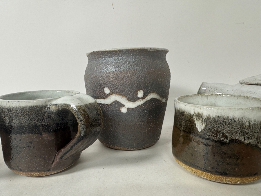 Just Added - Vintage M. De Santis Mid-Century Modern Five-Piece Hand-Thrown Stoneware Tea Set Glazed In Matte Gray Charcoal And Milky White Slip Drip Dated 1977 [Photo 3]