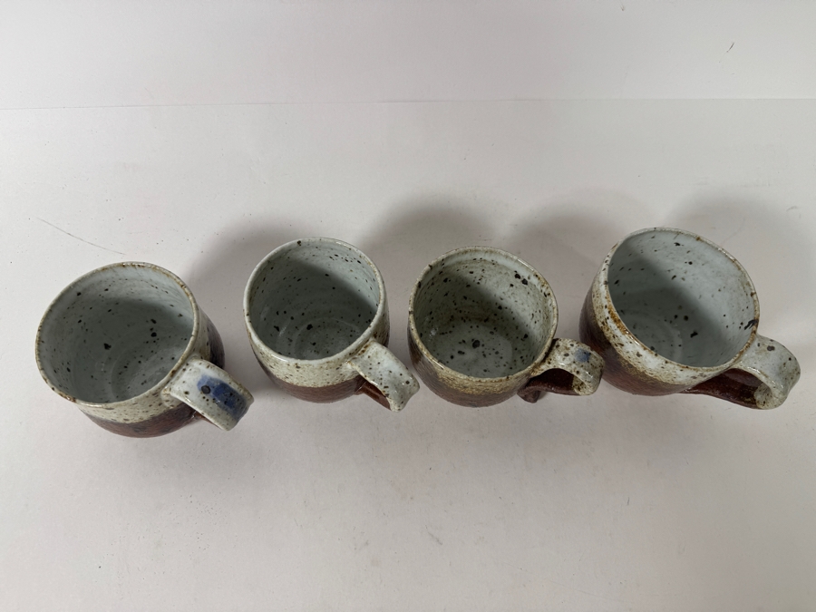 Just Added - Vintage M. De Santis Set Of Four Hand-Thrown Stoneware Coffee Cups Glazed In Speckled Oatmeal White And Earthy Red Brown Iron Slip [Photo 4]