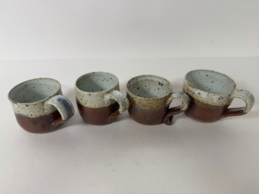 Just Added - Vintage M. De Santis Set Of Four Hand-Thrown Stoneware Coffee Cups Glazed In Speckled Oatmeal White And Earthy Red Brown Iron Slip [Photo 3]