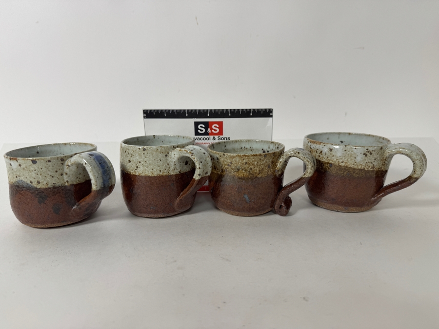 Just Added - Vintage M. De Santis Set Of Four Hand-Thrown Stoneware Coffee Cups Glazed In Speckled Oatmeal White And Earthy Red Brown Iron Slip [Photo 5]