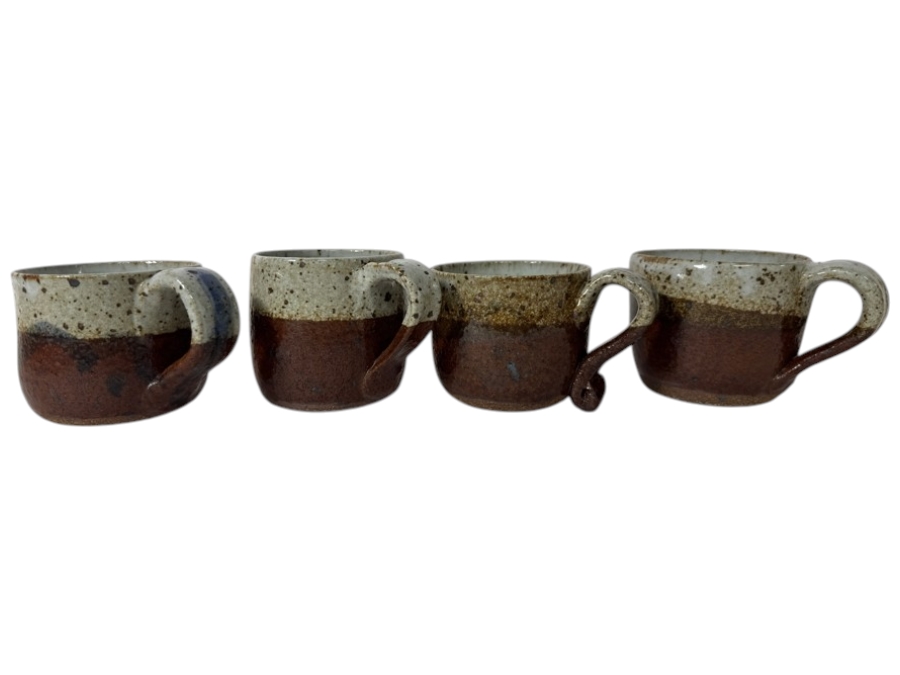 Just Added - Vintage M. De Santis Set Of Four Hand-Thrown Stoneware Coffee Cups Glazed In Speckled Oatmeal White And Earthy Red Brown Iron Slip