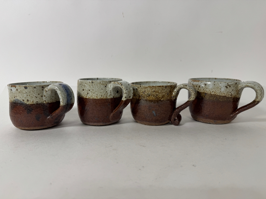 Just Added - Vintage M. De Santis Set Of Four Hand-Thrown Stoneware Coffee Cups Glazed In Speckled Oatmeal White And Earthy Red Brown Iron Slip [Photo 2]