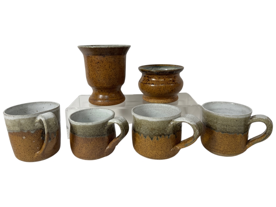 Just Added - Vintage M. De Santis Six-Piece Hand-Thrown Stoneware Coffee Set With Goblet And Bowl In Speckled Ochre Gold And Moss Green Glaze