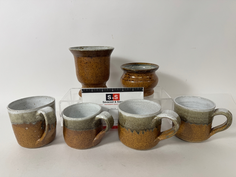 Just Added - Vintage M. De Santis Six-Piece Hand-Thrown Stoneware Coffee Set With Goblet And Bowl In Speckled Ochre Gold And Moss Green Glaze [Photo 4]
