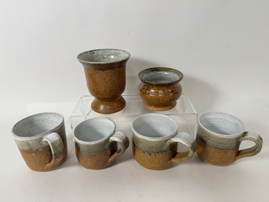 Just Added - Vintage M. De Santis Six-Piece Hand-Thrown Stoneware Coffee Set With Goblet And Bowl In Speckled Ochre Gold And Moss Green Glaze [Photo 2]