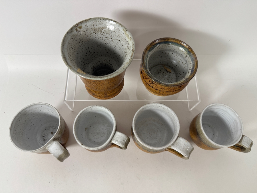 Just Added - Vintage M. De Santis Six-Piece Hand-Thrown Stoneware Coffee Set With Goblet And Bowl In Speckled Ochre Gold And Moss Green Glaze [Photo 3]