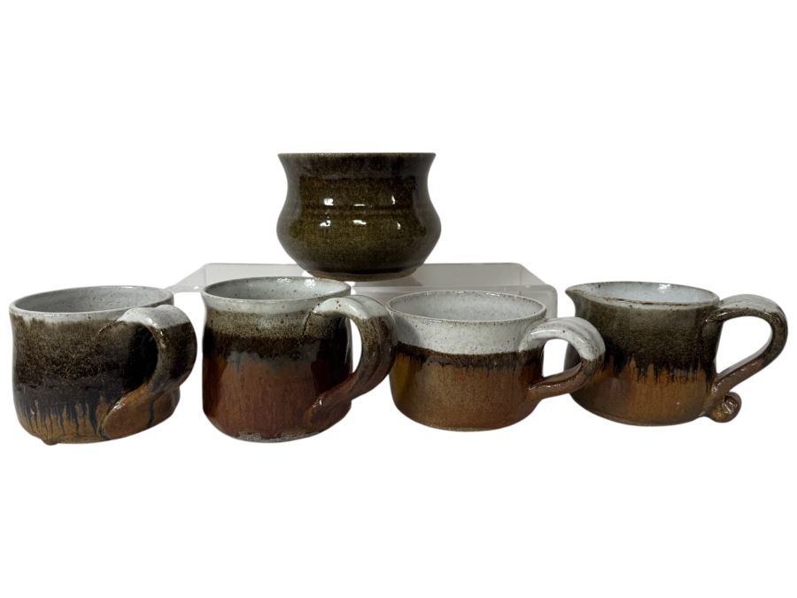 Just Added - Vintage M. De Santis Five-Piece Hand-Thrown Stoneware Coffee Set With Creamer And Bowl In Drip Olive Green And Tenmoku Amber Glaze