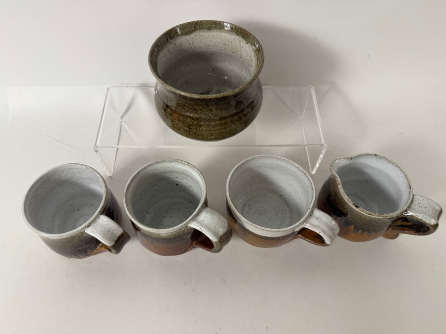 Just Added - Vintage M. De Santis Five-Piece Hand-Thrown Stoneware Coffee Set With Creamer And Bowl In Drip Olive Green And Tenmoku Amber Glaze [Photo 3]