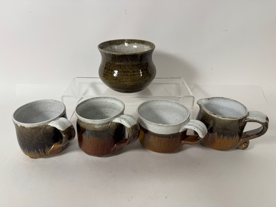 Just Added - Vintage M. De Santis Five-Piece Hand-Thrown Stoneware Coffee Set With Creamer And Bowl In Drip Olive Green And Tenmoku Amber Glaze [Photo 2]